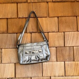 Kathy Van Zeeland Metallic Silver Shoulder Bag with Decorative Front Trim